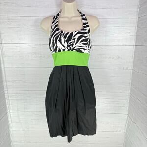 VTG B. Smart Y2k 5/6 zebra halter black green babydoll mini retro pinup dress